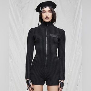 DOLLS KILL DARKER WAVS SYNTH ZIP-UP SWEATER ROMPER